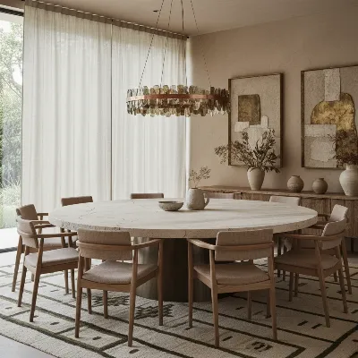 A contemporary dining room showcasing a trendy 2026 dining table, possibly a round table with a natural stone top and mixed material base, in a sophisticated setting.