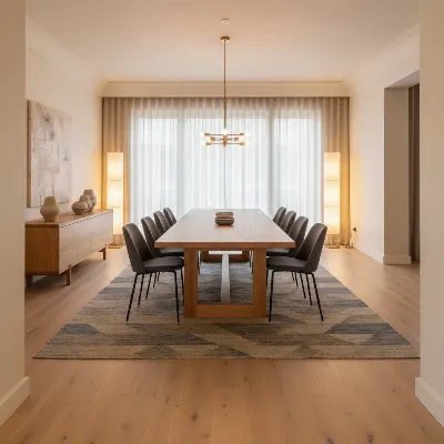 An Article Seno Oak Dining Table, shown extended with chairs, highlighting its versatile seating capacity and elegant design. 