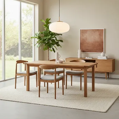 A stylish Article Seno Oak Dining Table in a modern dining room setting, showcasing its clean lines and natural wood grain.