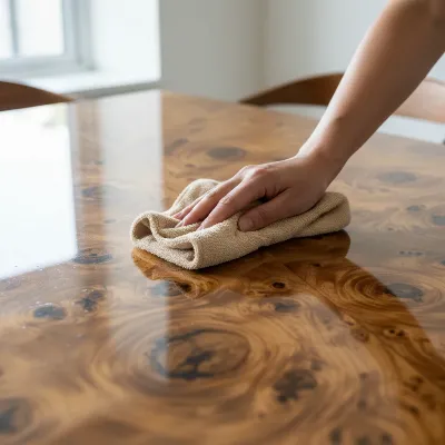 Detailed close-up of hands gently cleaning the surface of a CB2 Aqua Virgo Burl Wood Dining Table with a soft cloth, emphasizing careful maintenance.