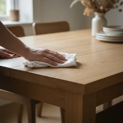 A person gently wiping a wooden farmhouse dining table with a soft cloth, emphasizing careful maintenance.