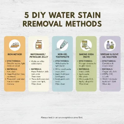 A visual representation comparing different DIY methods for removing water stains from wood furniture