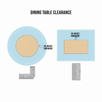 An illustrative infographic showing proper clearance around both round and rectangular dining tables in a room, highlighting minimum recommended distances from walls and other furniture.