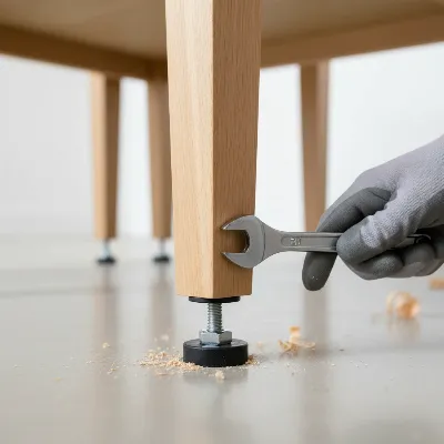 Adjustable leveling feet installed on the underside of a wooden dining table leg, with tools nearby.