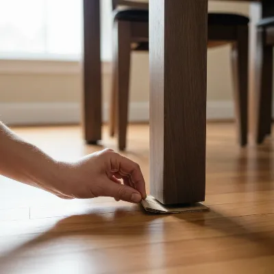 A person carefully sliding a folded cardboard shim under a wobbly dining table leg on a hardwood floor.