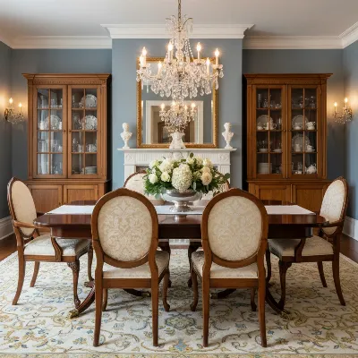 An elegant dining room featuring a dark wooden dining table, adorned with a white runner and a decorative centerpiece, surrounded by classic dining chairs.