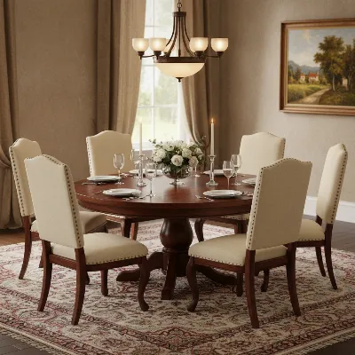 An elegant wooden dining table with chairs in a warm, inviting dining room, showcasing a natural grain and comfortable setting.