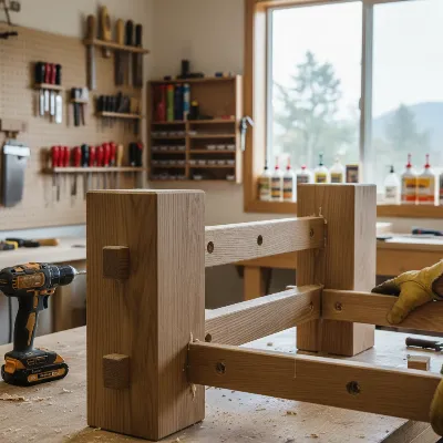 A DIY farmhouse dining table base being assembled with wood glue and pocket hole screws