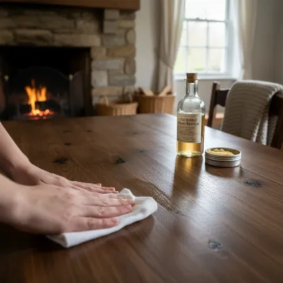 A person applying wood polish to a farmhouse dining table