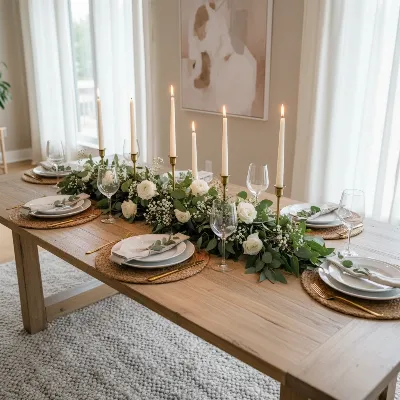 Elegant dining table with a fresh greenery centerpiece and ambient lighting.