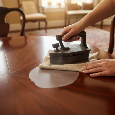 Person using an iron with a cloth to remove a white water stain from a wooden dining table