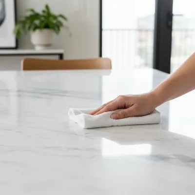 A person gently wiping a luxurious white marble dining table with a soft cloth, showcasing careful maintenance in a modern dining room setting.