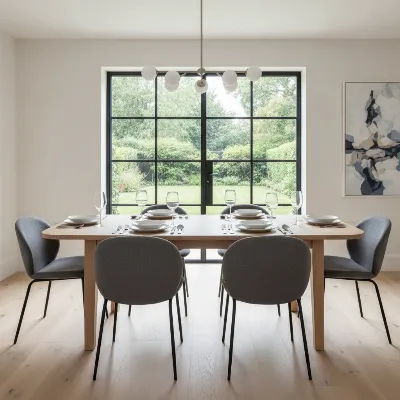 A contemporary dining room with a rectangular wooden dining table, set with minimalist place settings and stylish chairs, bathed in natural light from a large window.