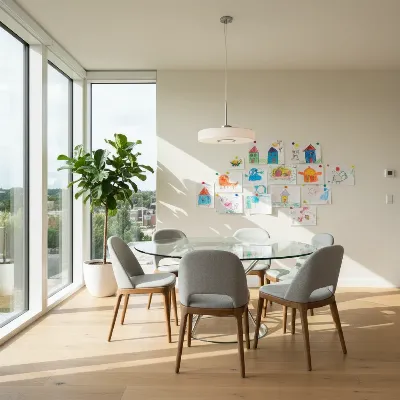 A modern, kid-friendly dining table with a smooth, tempered glass top and rounded edges, set in a brightly lit dining room with children’s artwork on the walls.