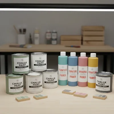 Assortment of chalk paint, mineral paint, and bonding primers suitable for no-sand furniture projects