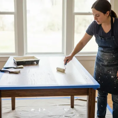 A person applying a thin coat of paint to a wood dining table using a roller, with masking tape visible
