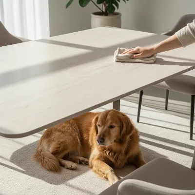 A pet-friendly dining table with a smooth, easy-to-clean surface, a dog lying calmly nearby, bright natural lighting, modern minimalist style