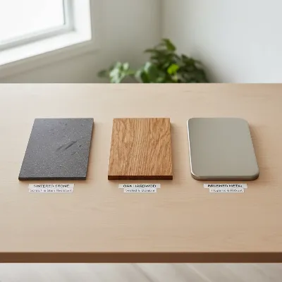 A collection of pet-friendly, scratch-resistant dining table material samples (sintered stone, hardwood, metal) arranged on a designer's desk, studio lighting, top-down shot, editorial style