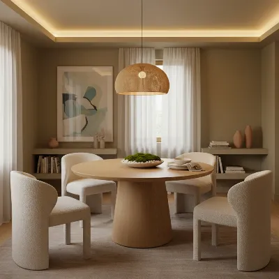 A modern round dining table with a pedestal base, perfectly situated in a cozy, square dining room with soft lighting, emphasizing intimacy.