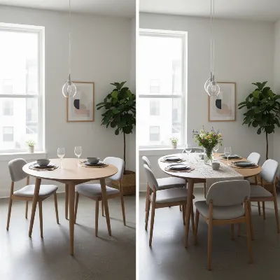 A modern round extendable dining table in a small apartment, shown in both compact and extended states