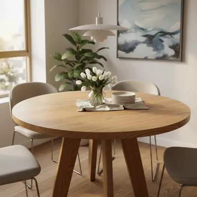 Elegant round wood dining table in a modern small apartment, showcasing natural grain