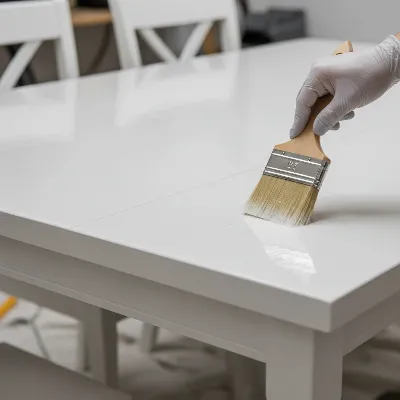 Hand applying a clear topcoat to a freshly painted dining table surface with a brush for durability