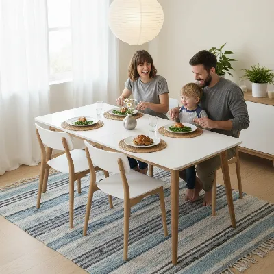 Small family eating at a budget dining table