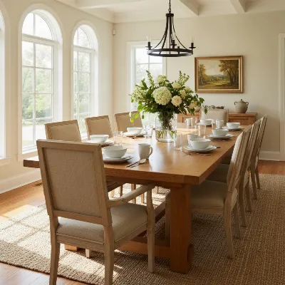 A beautifully crafted solid wood dining table set for a family meal, showcasing its warm tones and natural grain in a well-lit dining room.