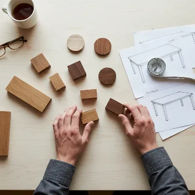 A homeowner thoughtfully examining different wood samples and finishes for a solid wood dining table, with design plans laid out on a table.
