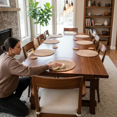 A person applying wood polish to a solid wood dining table with a soft cloth, surrounded by placemats and coasters, illustrating proper maintenance.