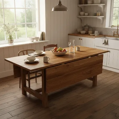 A rustic solid wood drop leaf dining table with two leaves extended in a cozy kitchen setting.