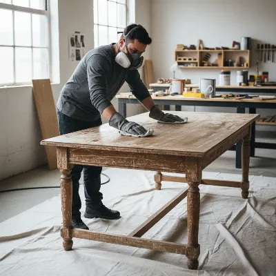 A person wearing gloves and a respirator mask cleaning a wooden dining table with a cloth in a well-ventilated workshop, demonstrating preparation and safety.