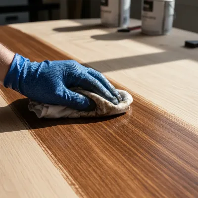 A hand applying wood stain to a sanded wooden dining table with a cloth, showing the staining process with even strokes.